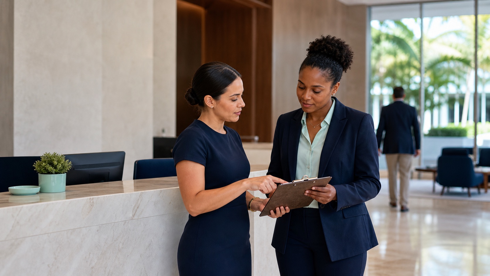Two reception professionals completing a calm handoff at a modern office desk.