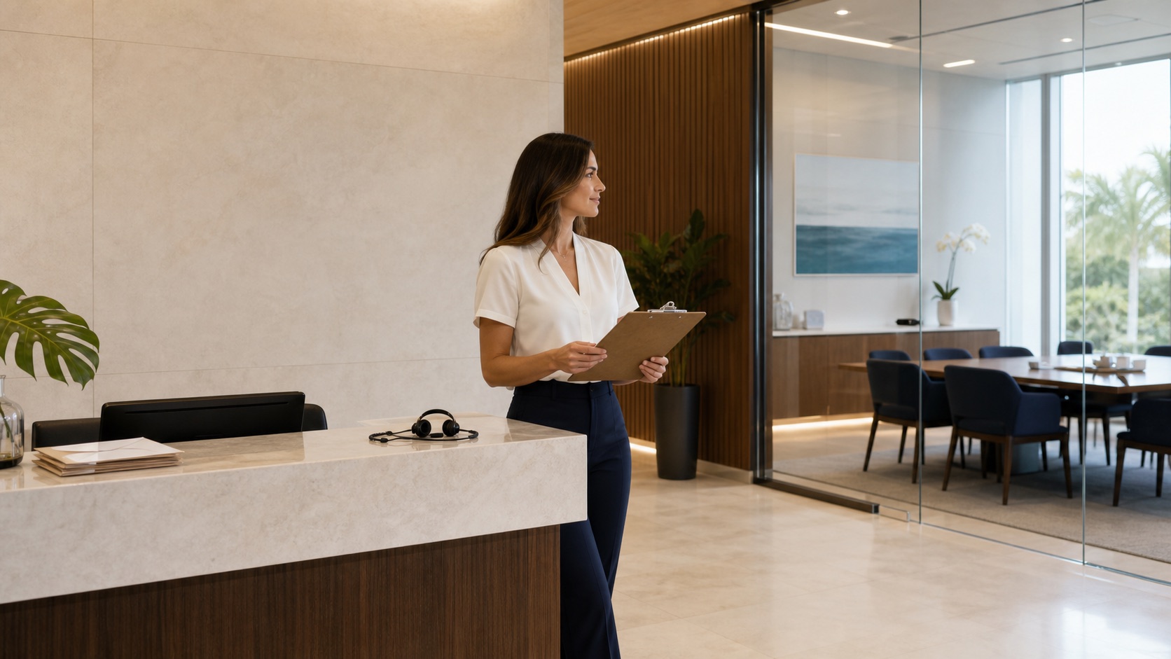 A reception professional completing an opening check in a polished Class A office.