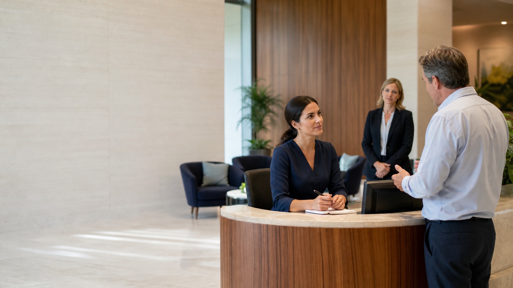 A reception professional listening calmly to a concerned client while a Manager remains nearby.