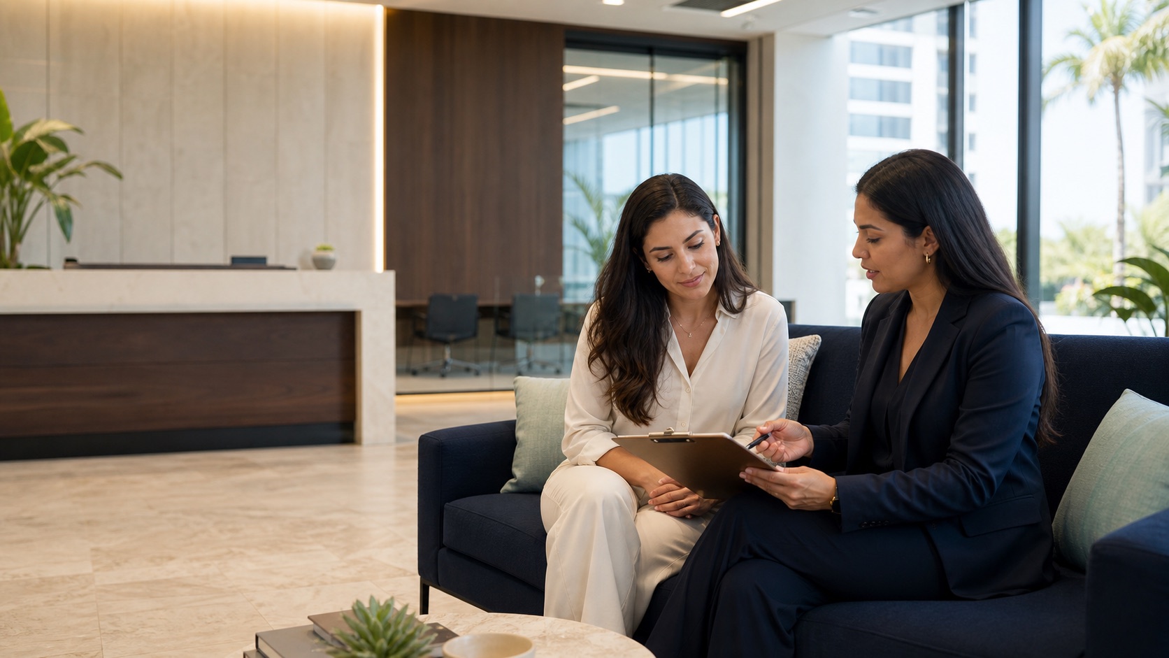 A Manager and learner reviewing an observation sheet together in a modern office.